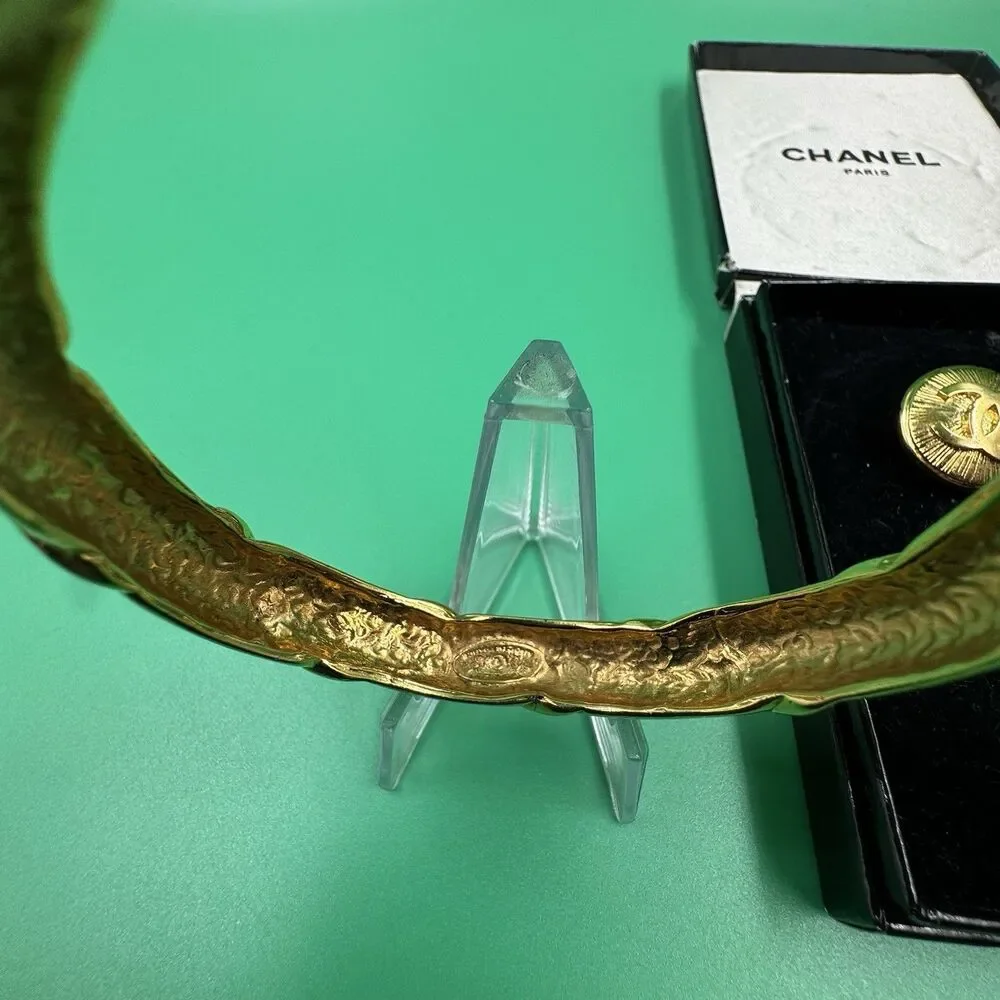 Vintage Chanel Paris Gold Tone Bangle Bracelet & Clip Earrings Set Original Box